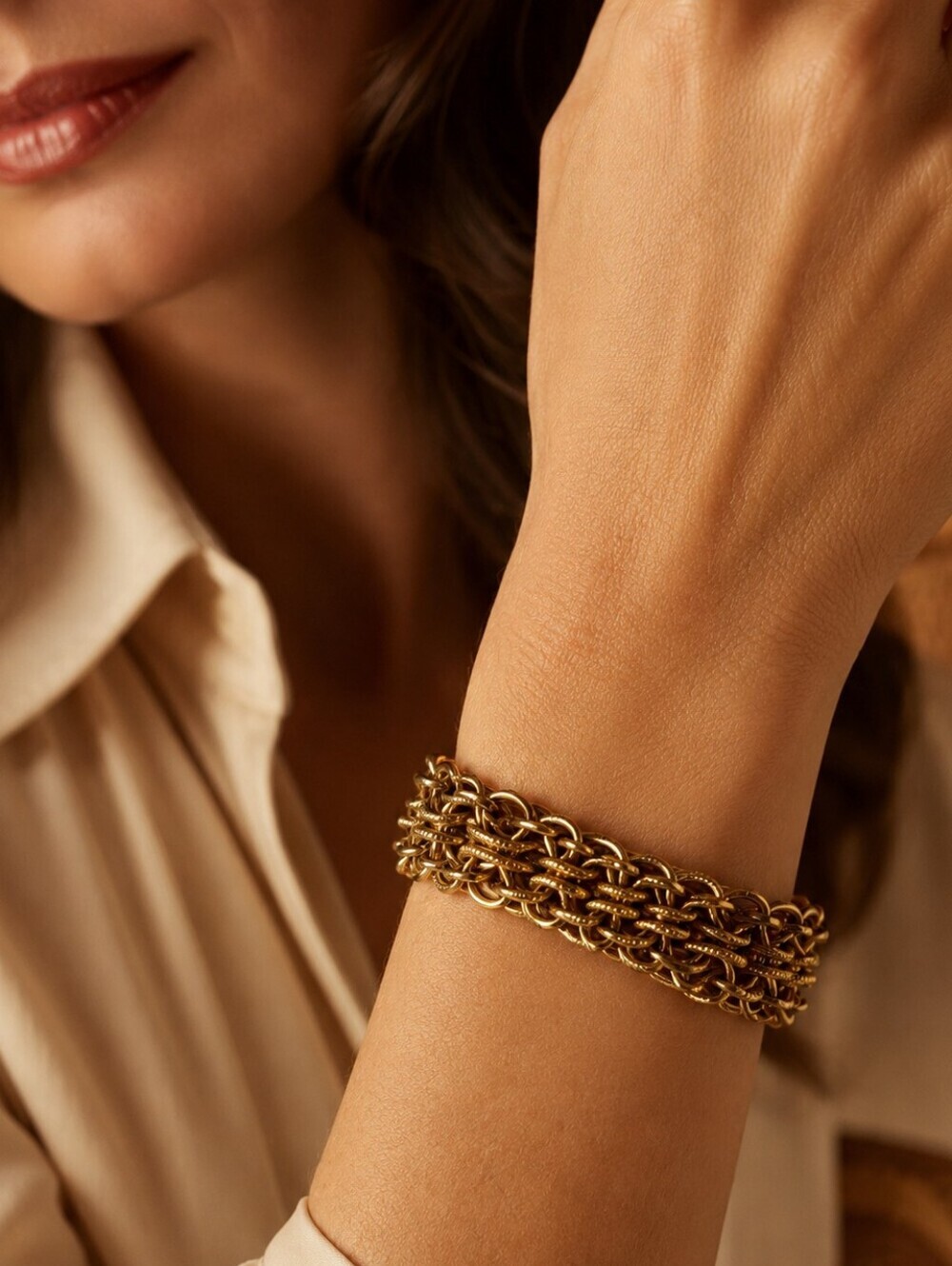Vintage Goldette Gold Tone Textured Chain Bracelet 1970s Statement Jewelry